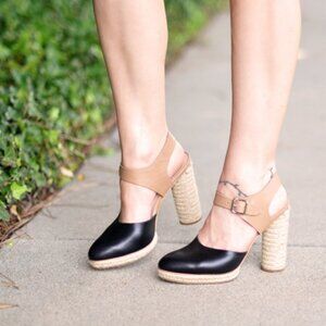 Loeffler Randall Womens Sz 7.5 Black Leather Tan Espadrille Platform Pumps Heels